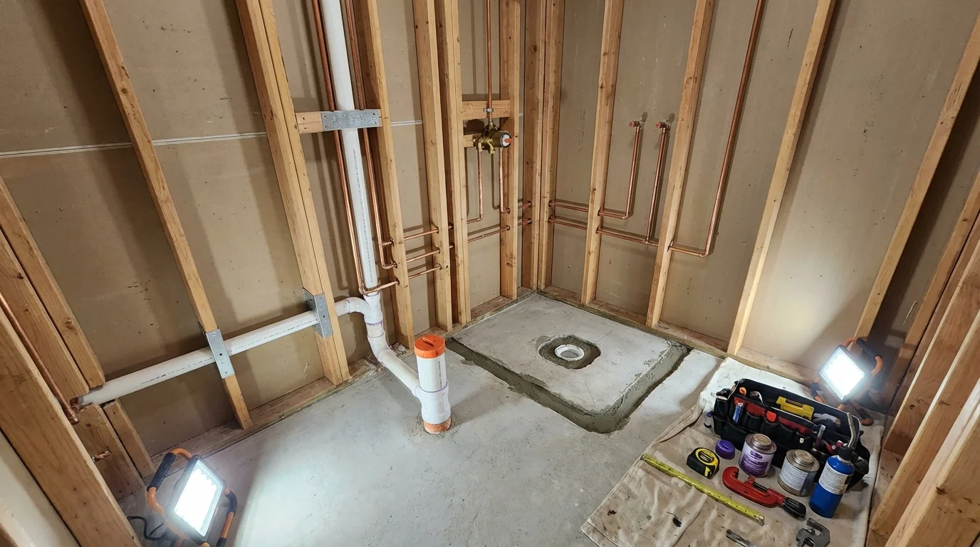 Bathroom rough-in plumbing during remodel by Johns Plumbing LLC in Rockport