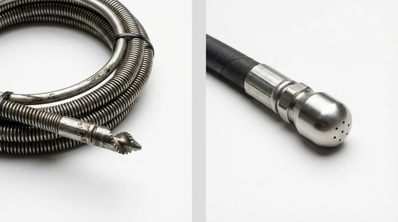 Drain snake cable and hydro jetting nozzle used for drain cleaning in Rockport, IN