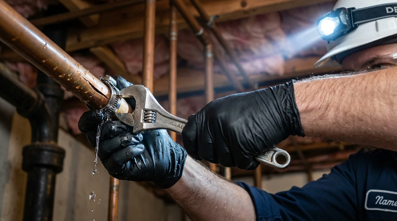 Emergency pipe clamp repair being performed by a Johns Plumbing LLC plumber in Rockport