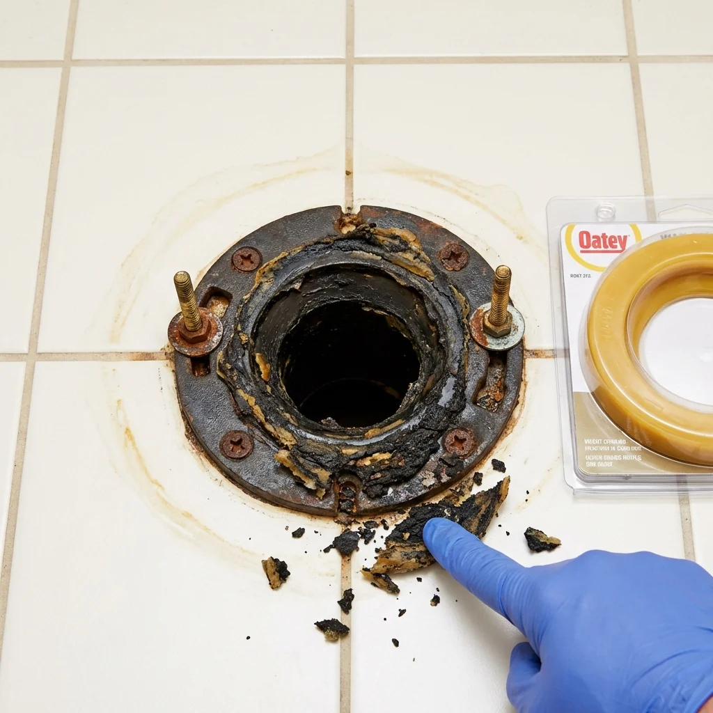Failed wax ring showing water seepage at the base of a toilet in a Rockport, IN home