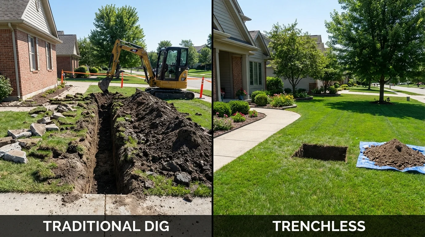 Trenchless sewer repair with minimal yard damage versus traditional excavation in Rockport, IN