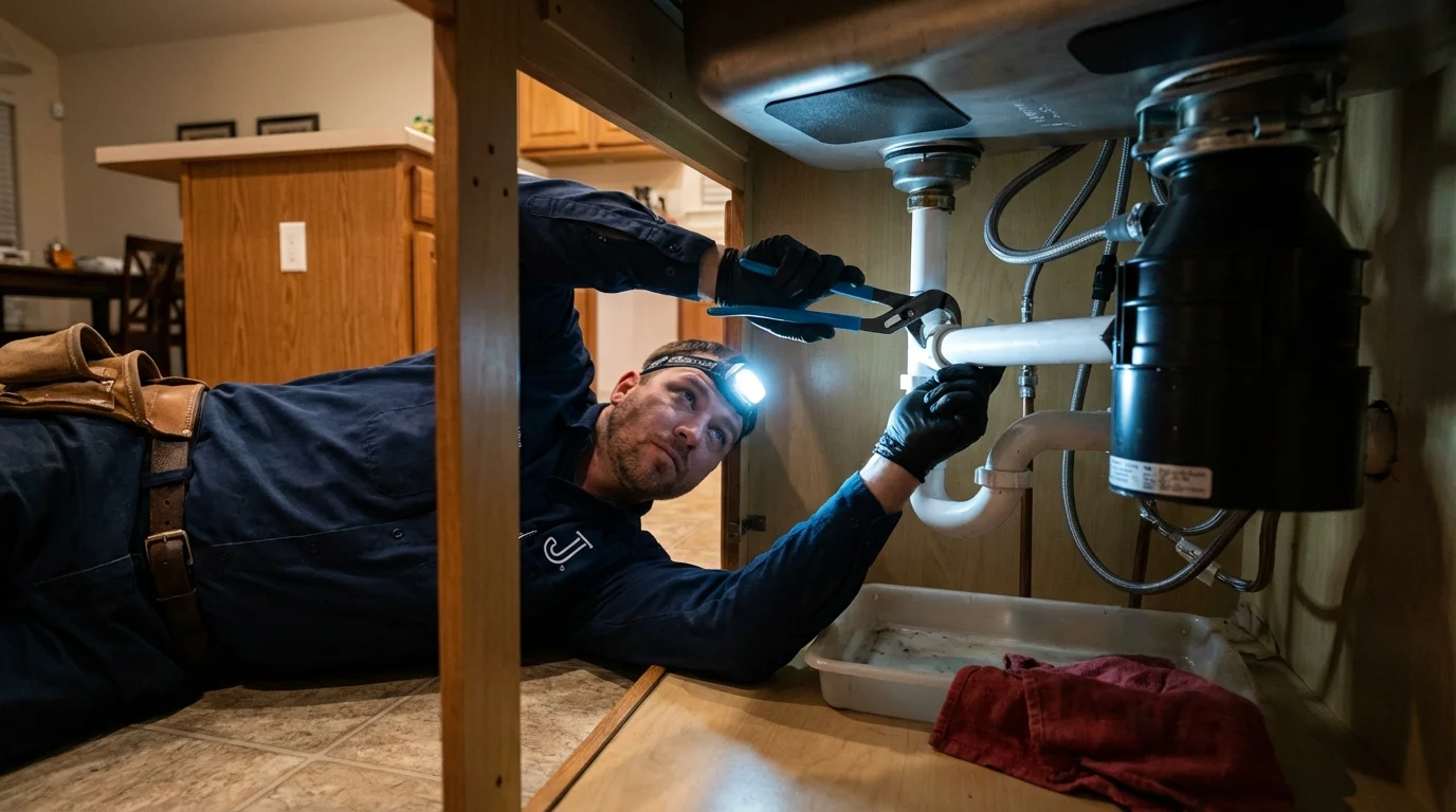P-trap and supply line connections under a kitchen sink showing a common leak point in Rockport, IN